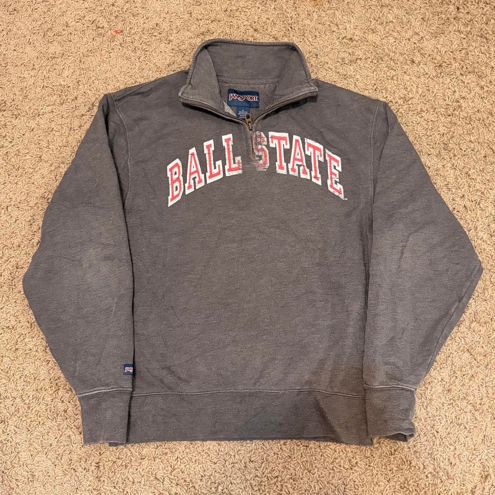 JanSport Ball State University Quarter Zip Sweatshirt Grey Mens Small Pullover